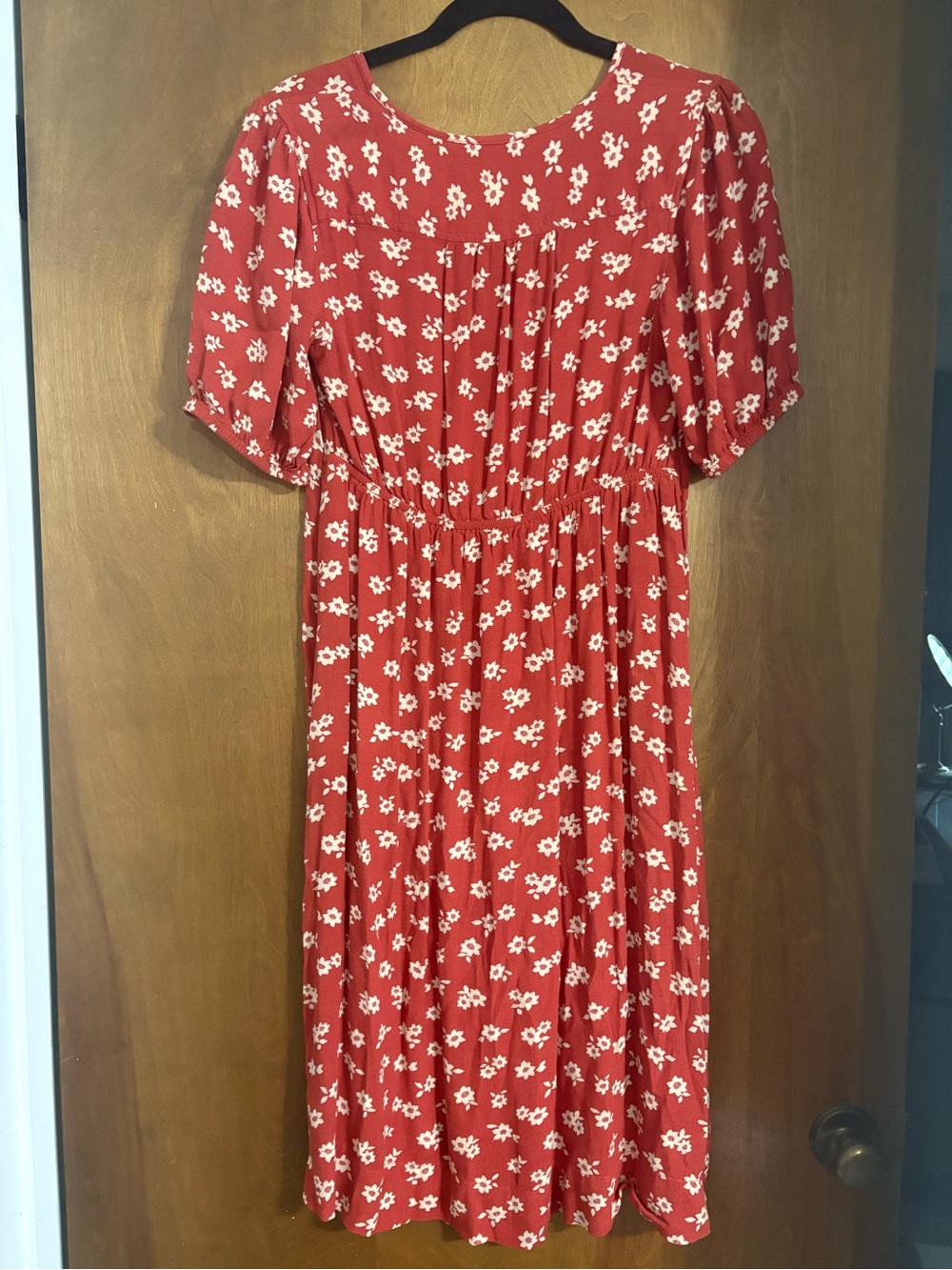 Free Assembly Rust Colored Floral Midi Tunic Dress with Puff Sleeves